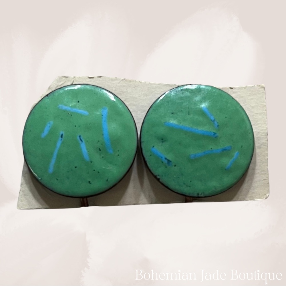 Vintage Green and Turquoise Round Copper Screw Back Earrings on vintage paper